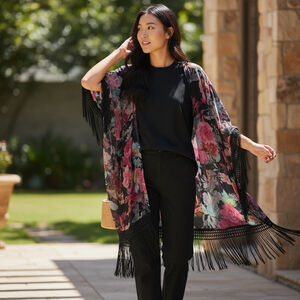 Sans Souci Floral Fringe Kimono Black Sheer Boho Cover Up‎ Women’s Large